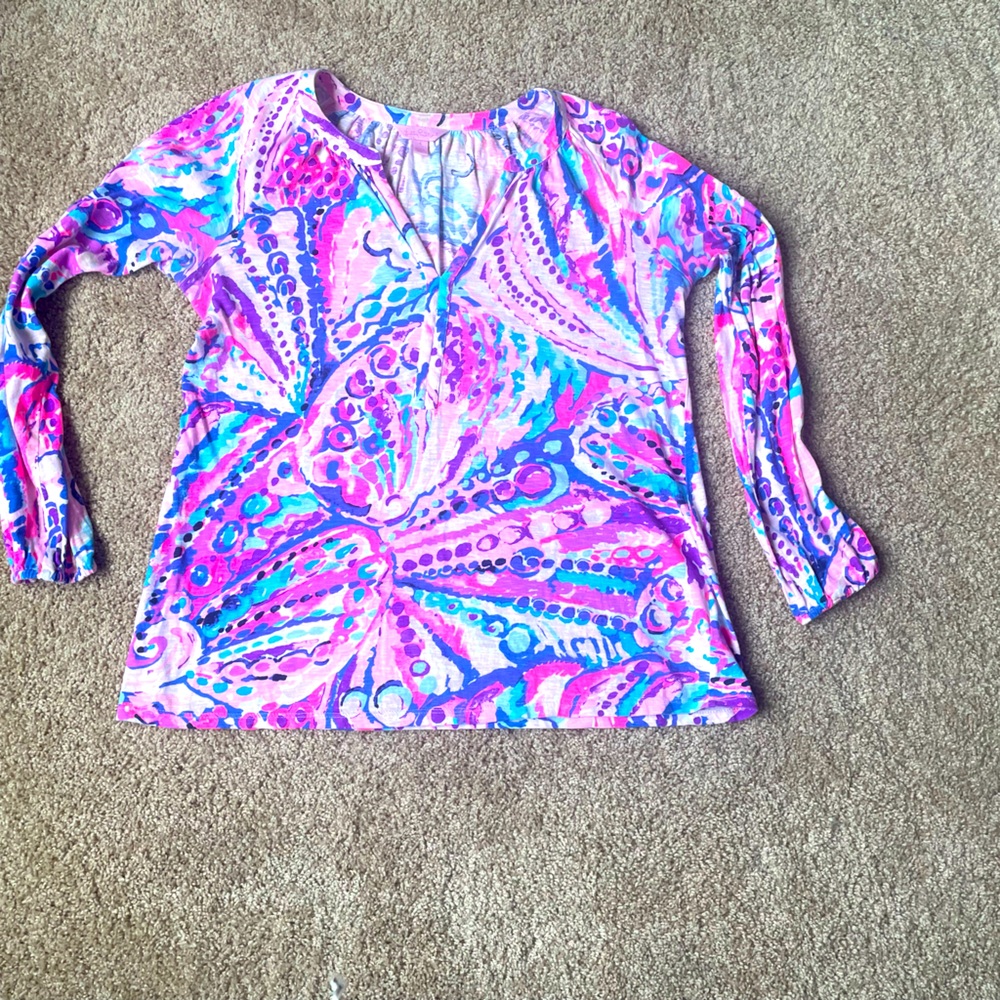 Lilly Pulitzer Meg Blouse Top Colony Coral Shell Out Printed Cotton S 231559